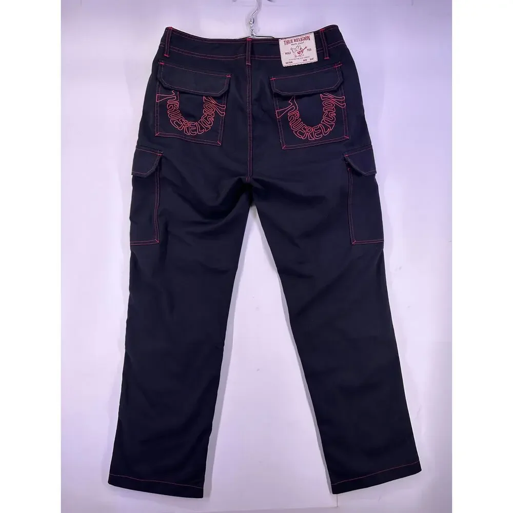 True Religion Jet Black Cargo Jeans Red Accents Size 32